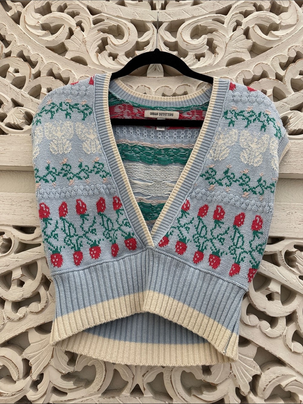 Urban Outfitters Light Blue Floral Knit V-Neck Sweater Vest